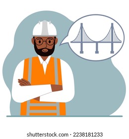 A male civil engineer makes plans in his mind for designing a bridge in an air bubble. The concept of civil engineering and construction. Vector flat illustration