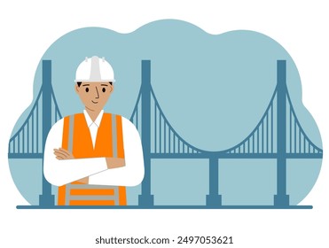 Male civil engineer next to the bridge. The concept of civil engineering and construction. Vector flat illustration