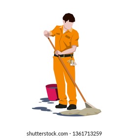 male cleaner in an orange dress. Mopping the floor. Nearby is a red bucket and water all around.