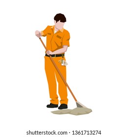 male cleaner in an orange dress. Mopping the floor.