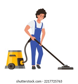 Male cleaner in overalls with vacuum cleaning vector flat illustration. Floor wash machine technology device electrical housekeeping tool modern housework appliance power electronic equipment