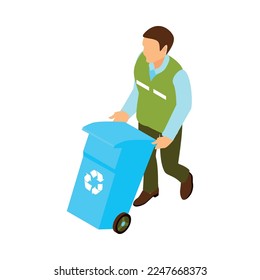 Male cleaner in uniform carrying blue garbage container 3d isometric vector illustration