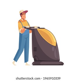 Male cleaner in uniform with floor mopping machine flat vector illustration