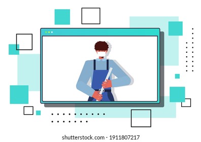 male cleaner using mop janitor wearing mask to prevent coronavirus pandemic self isolation online communication concept web browser window horizontal portrait vector illustration