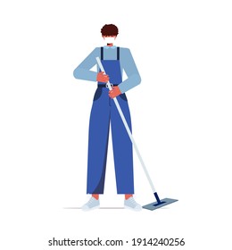 male cleaner using mop janitor wearing mask to prevent coronavirus pandemic self isolation cleaning service concept full length isolated vector illustration