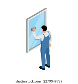 Male cleaning service worker in uniform washing window isometric icon 3d vector illustration