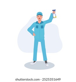 Trabalhador de limpeza macho, Zelador em Blue Uniform Holding Spray de Limpeza