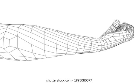 Male clenched his fist. Vector rendering of 3d. Wire-frame style.
