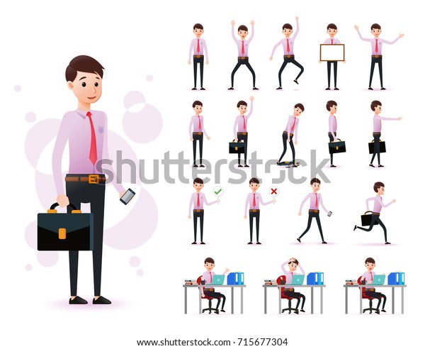 白い背景に男性の店員の2dキャラクターで 長い袖を付け ネクタイの立ち姿勢と座り姿勢が異なるセットを使用できます ベクターイラスト のベクター画像素材 ロイヤリティフリー 715677304