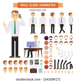 Male clerk character creation set.  Business man cartoon character, Young handsome smiling businessman in smart casual. Full length, different views, emotions, gestures isolated vector
