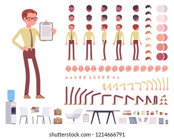 Male clerk character creation set. Man on administrative work office busy employee. Full length, different views, emotions, gestures. Build your own design. Vector illustration