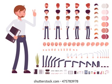 Male clerk character creation set. Full length, different views, emotions, gestures, isolated against white background. Build your own design. Cartoon flat-style infographic illustration