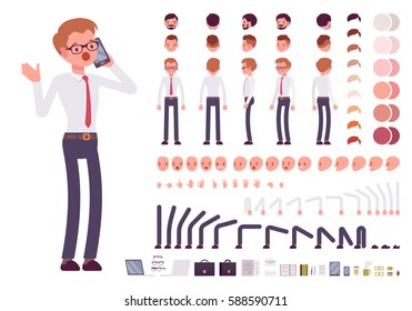 Male clerk character creation set. Full length, different views, emotions, gestures, isolated against white background. Build your own design. Cartoon flat-style infographic illustration