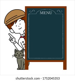 Male clerk peeking from the menu blackboard