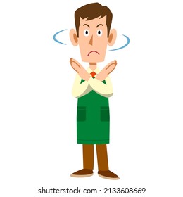 A male clerk in a supermarket showing his intention to refuse by hand