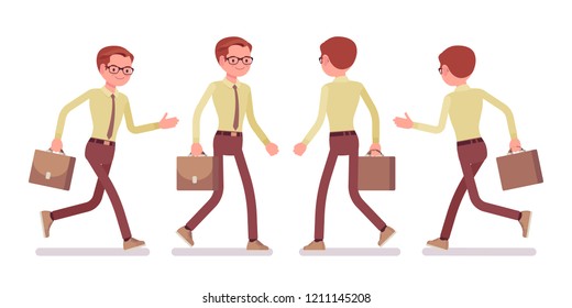 Male clerk walking, running. Young man, employee busy with message delivery, running errands, hurry at work. Business and office jobs concept. Vector flat style cartoon illustration, front, rear view