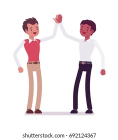 Male clerks giving high five. Employees are motivated, feel valued, emotionally comfortable in office. Corporate behavior concept. Vector flat style cartoon illustration, isolated, white background