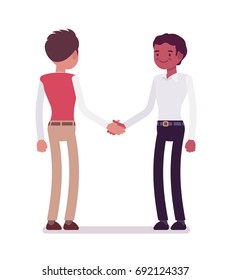 Male clerks handshaking. Company culture rules, encourage better production and positive workplace. Corporate behavior concept. Vector flat style cartoon illustration, isolated, white background