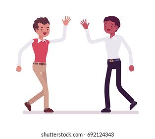 Male clerks happy greeting. Friendship at the workplace, positive co-workers, workplace satisfaction. Corporate behavior concept. Vector flat style cartoon illustration, isolated, white background