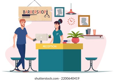 Male client of barbershop paying at the reception after haircut. Man in the beauty salon. Reception desk. Flat vector illustration.