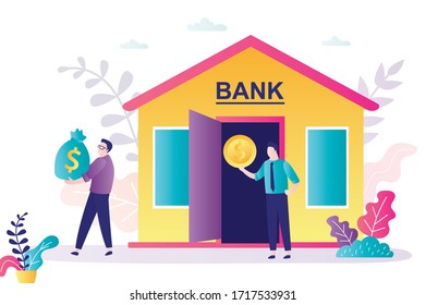 Male client carries loan from bank. Manager offers credit money. Bank building and businesspeople. Financing a new startup or business. Male chaarcters in trendy style. Vector illustration