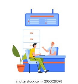 Male Client Character Sitting And Talking To Manager Or Analysts Of Credit Department. Bank Worker Receptionist Providing Banking Services Or Consulting To Customer. Cartoon People Vector Illustration