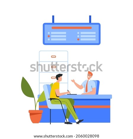 Male Client Character Sitting and Talking to Manager or Analysts of Credit Department. Bank Worker Receptionist Providing Banking Services or Consulting to Customer. Cartoon People Vector Illustration