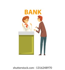 Male Client Consulting at Manager at Reception Desk at Bank Office Vector Illustration