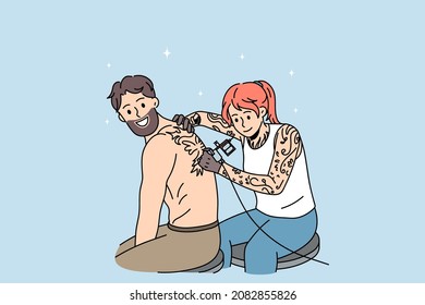 Male client get tattoo on back with female master in saloon. Woman make body art painting for man customer in studio. Tattooing concept. Subculture and diversity. Flat vector illustration. 