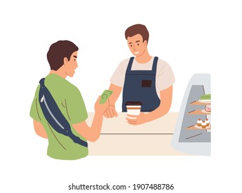 Male client paying for takeaway hot drink in cash while visiting coffee shop. Barista with paper cup with tea at counter. Colored flat vector illustration isolated on white background