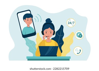 Male client talking with hotline operator adviser online. Customer support department staff. Online technical support representative. Helping people online. Vector
