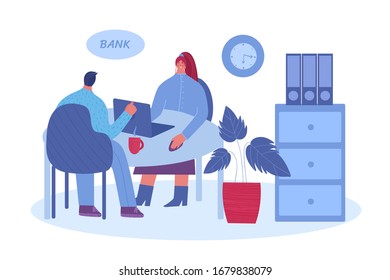 
Cliente masculino hablando con un gerente. Un empleado del banco aconseja a un hombre. Ilustración vectorial en fondo blanco.