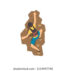 Male climber climbing rock mountain, mountaineering, extreme sport and leisure activity concept, back view, vector Illustration