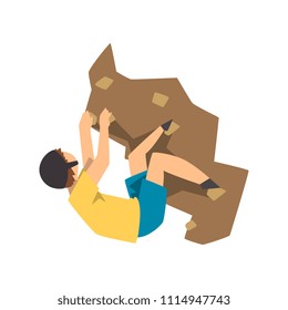 Male climber climbing rock mountain, mountaineering, extreme sport and leisure activity concept vector Illustration on a white background