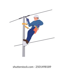 Male climber electric worker character repairing city street electrical net using safety rope