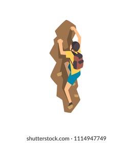 Male climber in protective helmet climbing rock wall or mountainous cliff, extreme sport and leisure activity concept vector Illustration on a white background.