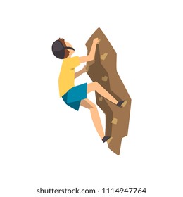 Male climber in protective helmet climbing rock mountain, extreme sport and leisure activity concept vector Illustration on a white background