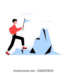 Male Climber Reaching Mountain Peak, Success And Goal Achievement Concept In Flat Vector Illustration, Isolated On White Background