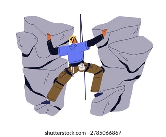 Male climber spreading between two rock cliffs, holding with arms. Crevice, crack climbing, extreme difficult mountaineering in fracture, gap. Flat vector illustration isolated on white background