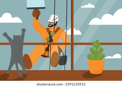 Male climber washing window from outside. Smiling man hanging on ropes. View from the apartment . Windowsill ,cat ,plant in a pot,clouds. Vector illustration in flat cartoon style.