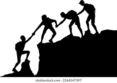 Male climbers help each other in the mountains. Vector Silhouette. Conceptual business scene of teamwork and mutual assistance