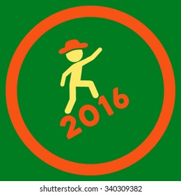 Male Climbing 2016 vector icon. Style is bicolor flat circled symbol, orange and yellow colors, rounded angles, green background.