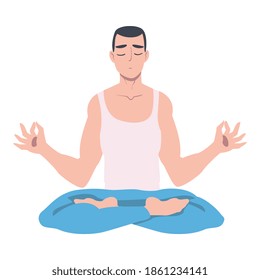 Male with Closed Eyes and Crossed Legs Sitting in Lotus Position Practising Yoga Vector Illustration