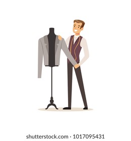 Male clothing designer or tailor working at atelier vector Illustration