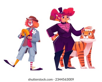 Male clown and female animal tamer isolated on white background. Vector cartoon illustration of circus comedian playing accordion, woman in costume and tiger performing on arena. Talent festival