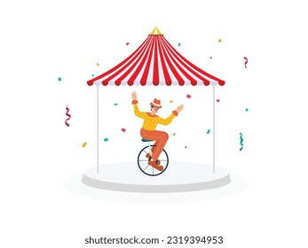 a male clown riding a unicycle is performing an attraction at the festival, very enthusiastically entertaining the audience
flat design, vector illustration