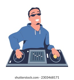 Male club DJ playing music at console mixer. Smiling man musician mixing audio records on turntable panel cartoon vector illustration