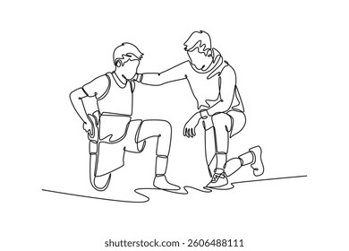 Male Coach and Personal Trainer Giving Advices to Young Athlete. Personal goals concept. Single line draw design. Vector graphic illustration