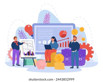 Male coach presenting financial charts to people Vector illustration. Financial literacy concept. Huge tablet wiith diagram, briefcase, lightbulb, coins on background