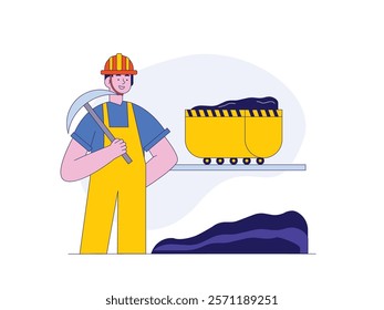 Male coal miner at work, with tools and transport. Character design. Vector flat illustration